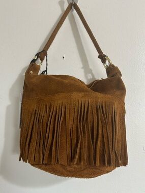 NWT Marlon Made in Italy Suede Hobo Bucket Bag Crossbody with Fringe Trim